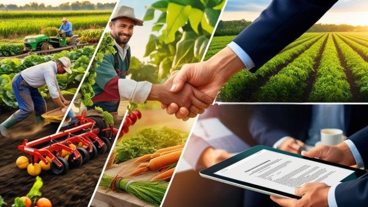 Composite of farmers, harvest, handshakes and tablet contracts