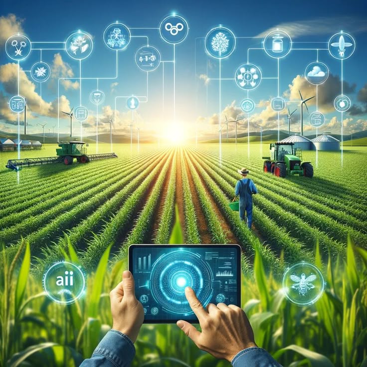 Smart farming dashboard overlay across a sunlit field
