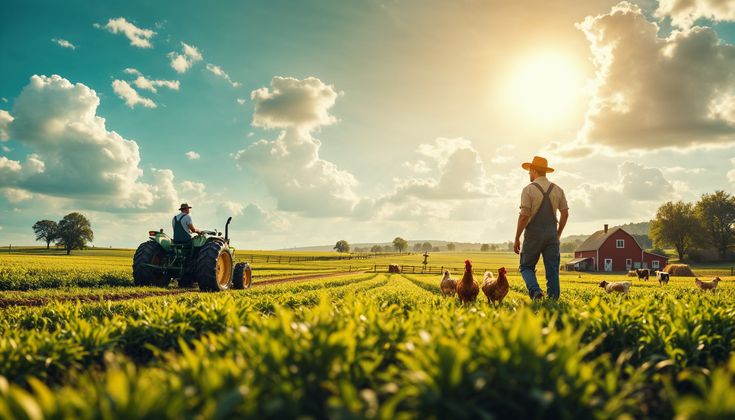 Land owner walking the field beside a tractor at sunrise